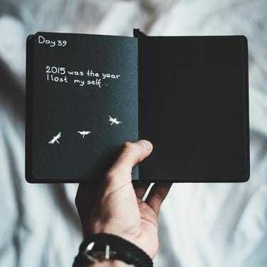 黒い紙の日記帳とそれを広げる男性の手の画像